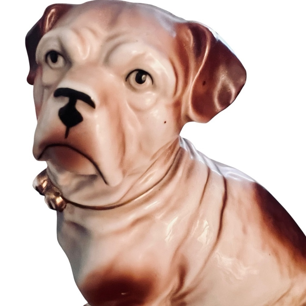 Antique Victorian Bull Dog Mantle Figurine Ceramic Statue Gold Gilt Bell Collar - Picture 10 of 13